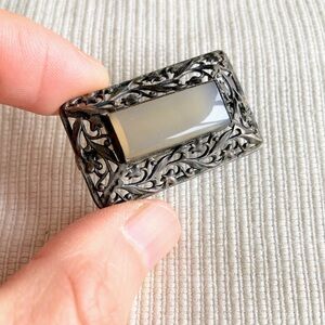 Rare Antique German Art Nouveau Sterling Silver Agate Center Rectangular Brooch